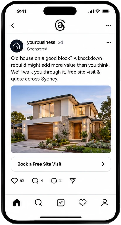 A sponsored Threads post from yourbusiness about knockdown rebuilds, with a photo of a new home and a Book a Free Site Visit button.
