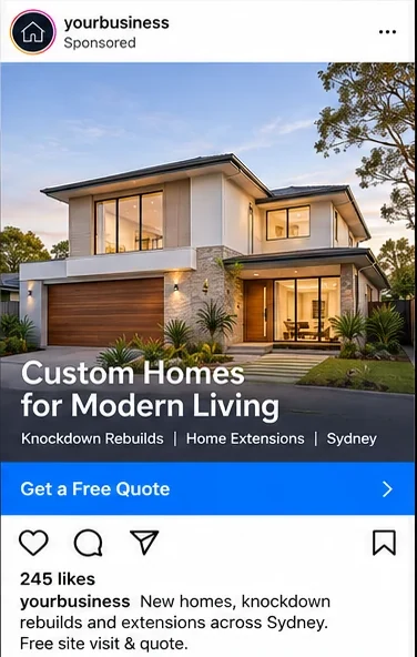The best ad this month: an Instagram post for custom homes with a Get a Free Quote button.
