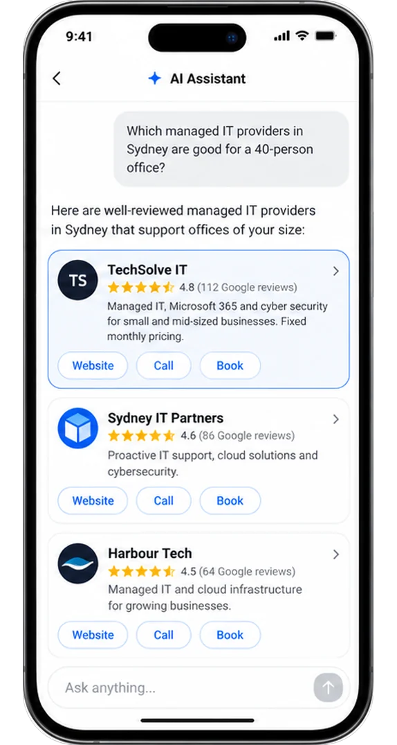 An AI assistant recommending managed IT providers for a 40-person office in Sydney.