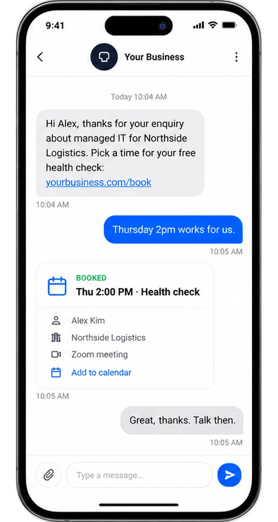 An automatic text reply to an enquiry, and the health check that was booked.