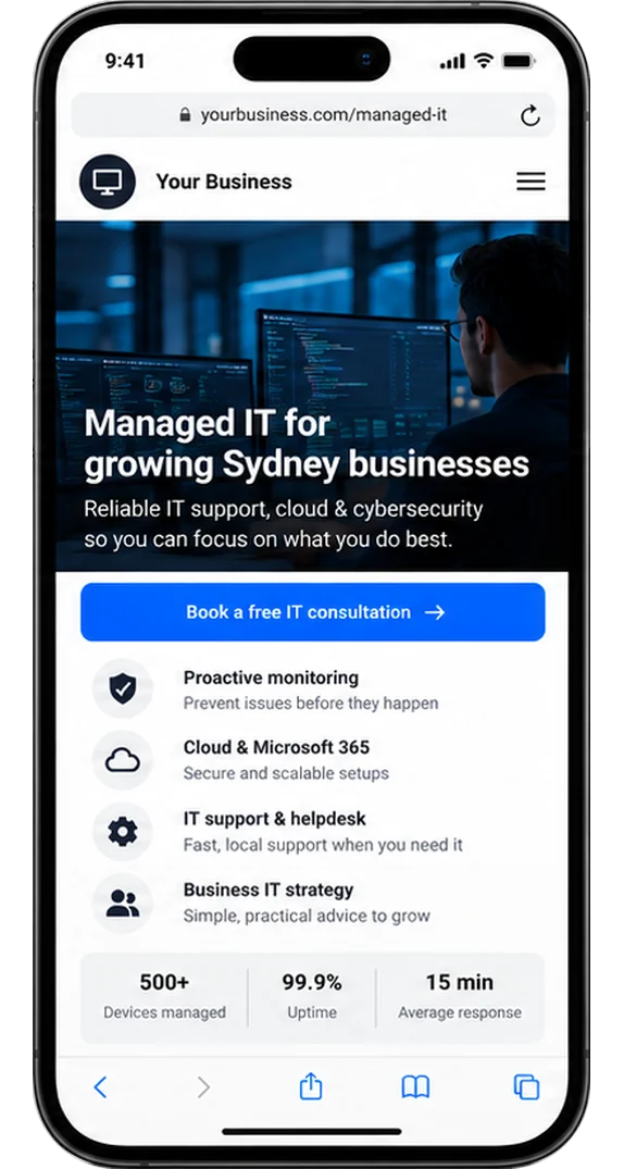 A managed IT landing page with a button to book a free IT consultation.