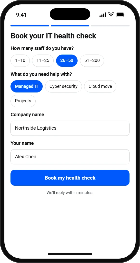 A short form asking company size and what the business needs help with.