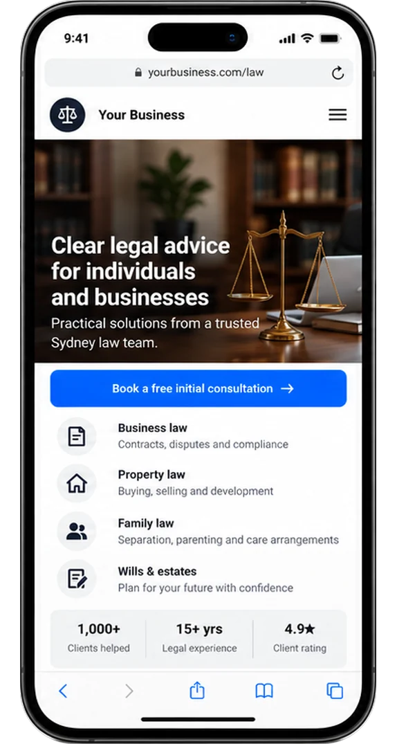 A law firm landing page covering business, property, family and wills and estates law, with a button to book a free initial consultation.